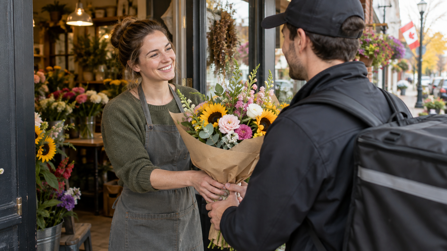 A bearded delivery driver handing a paper grocery bag to a customer
