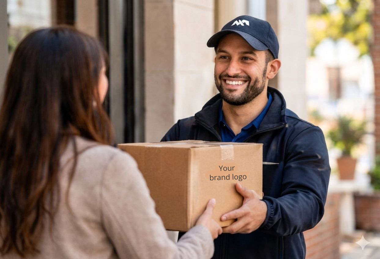 Local delivery driver handing an order to a customer