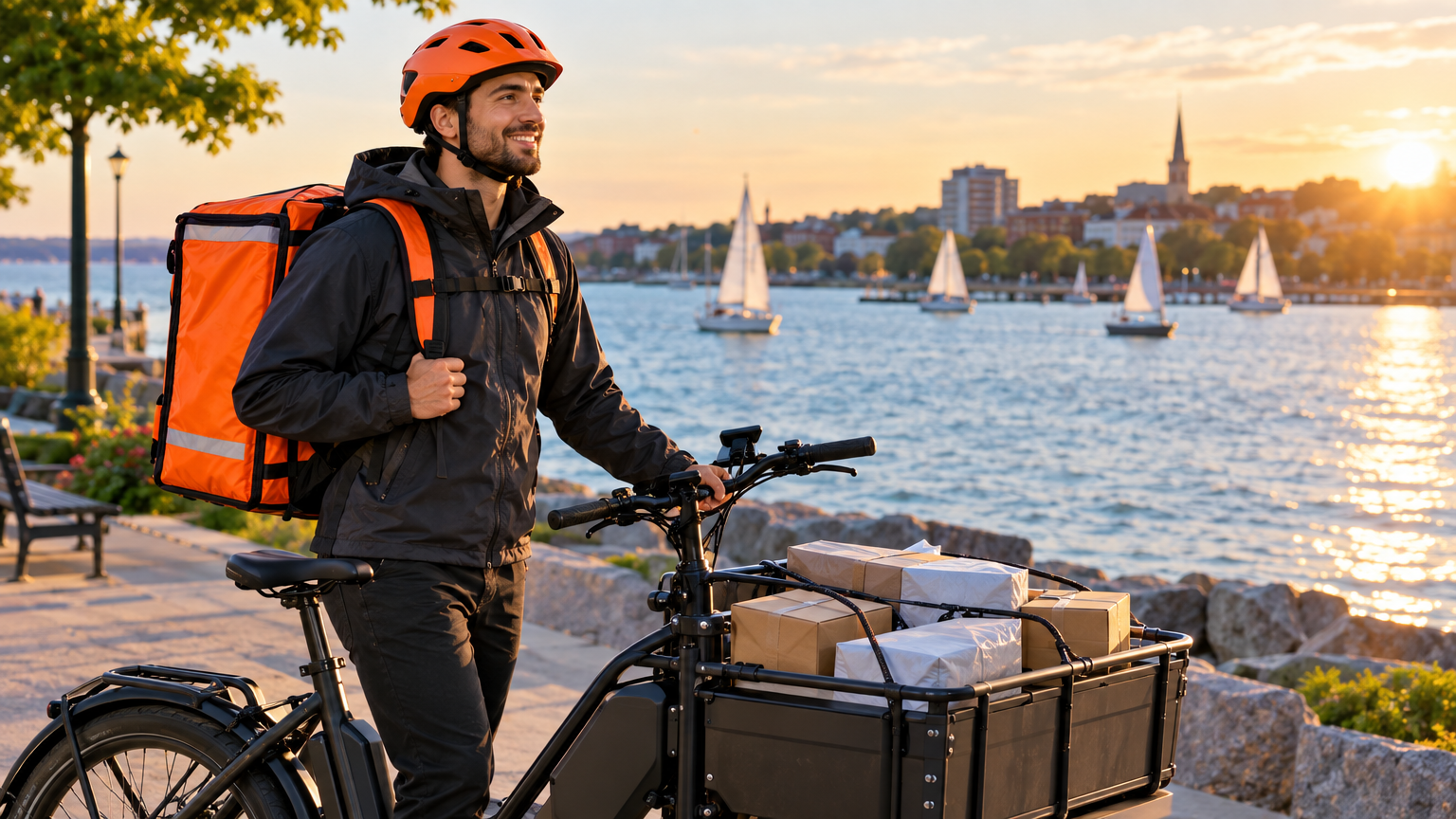 A delivery driver handing a paper grocery bag to a customer